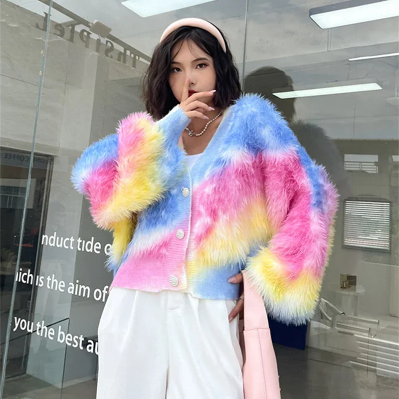 Luxury New Fuzzy Cardigan Women Gradual Color Mohair V-neck Plush Loose Sweater Japanese Style Retro Colorful Furry Knitted Coat