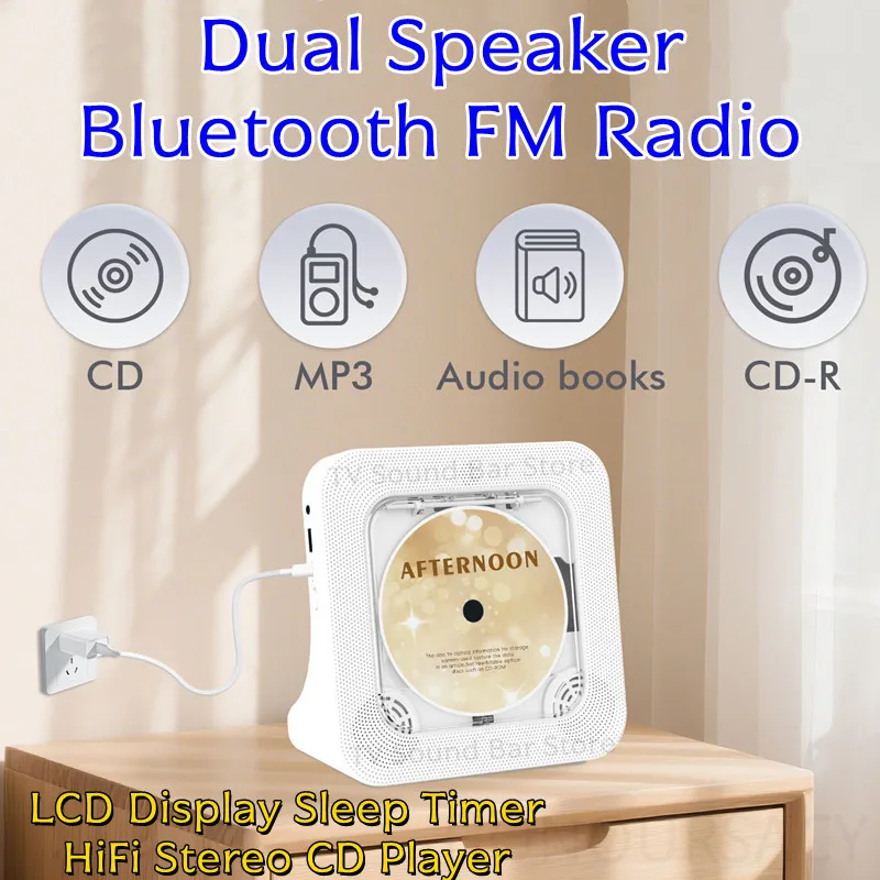 HiFi Stereo Dual Speakers Bluetooth FM Radio Desktop CD Player for Home with Remote Control LCD Display Sleep Timer EQ Sound AUX
