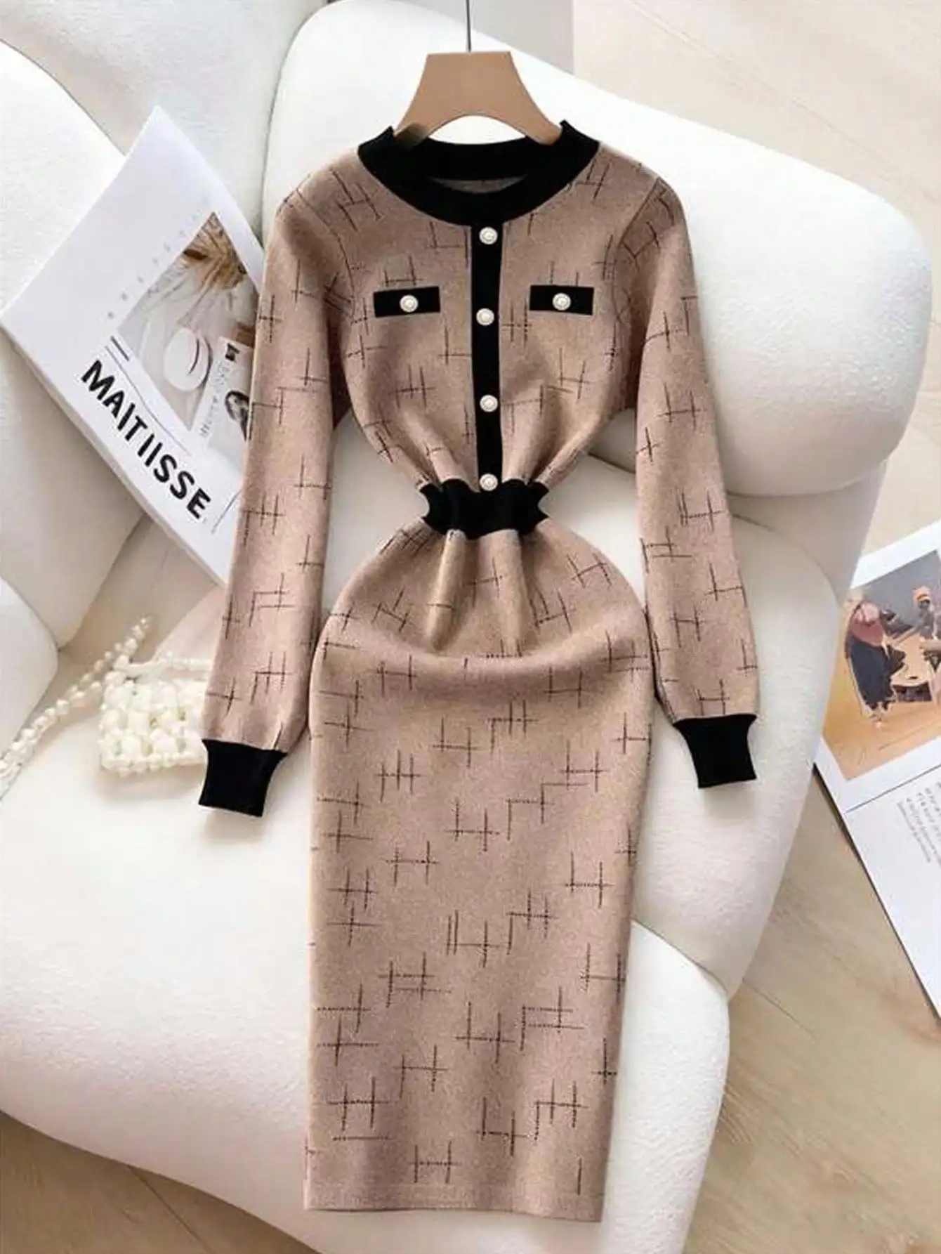 

Элегантное облегающее платье-свитер с круглым вырезом и цветными блоками, с жемчужными пуговицами, осенне-зимнее женское трикотажное платье-бодикон