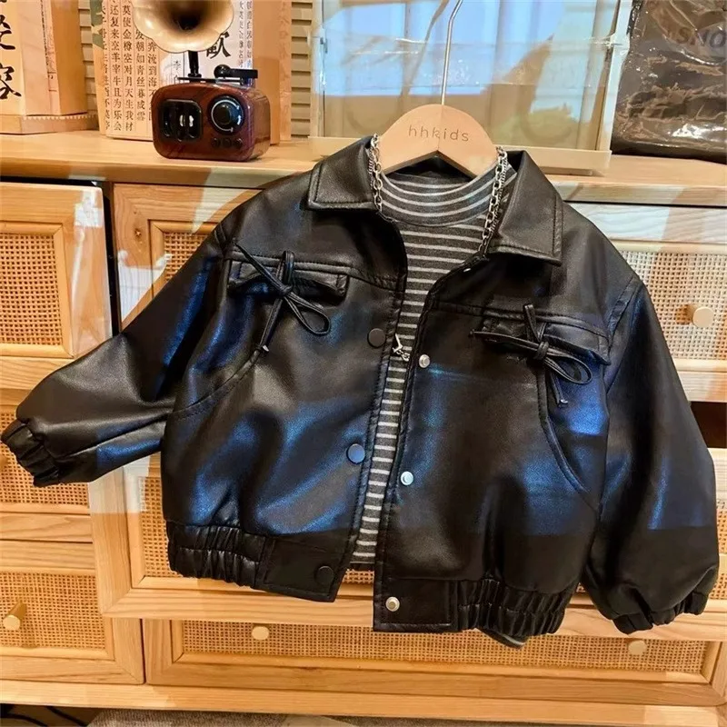 

PU Leather Jacket Kids Girls Lapel Zipper Outerwear Autumn Fly Coats Fashion Bow Casual Sport Clothing New Tops For 1-8 Years