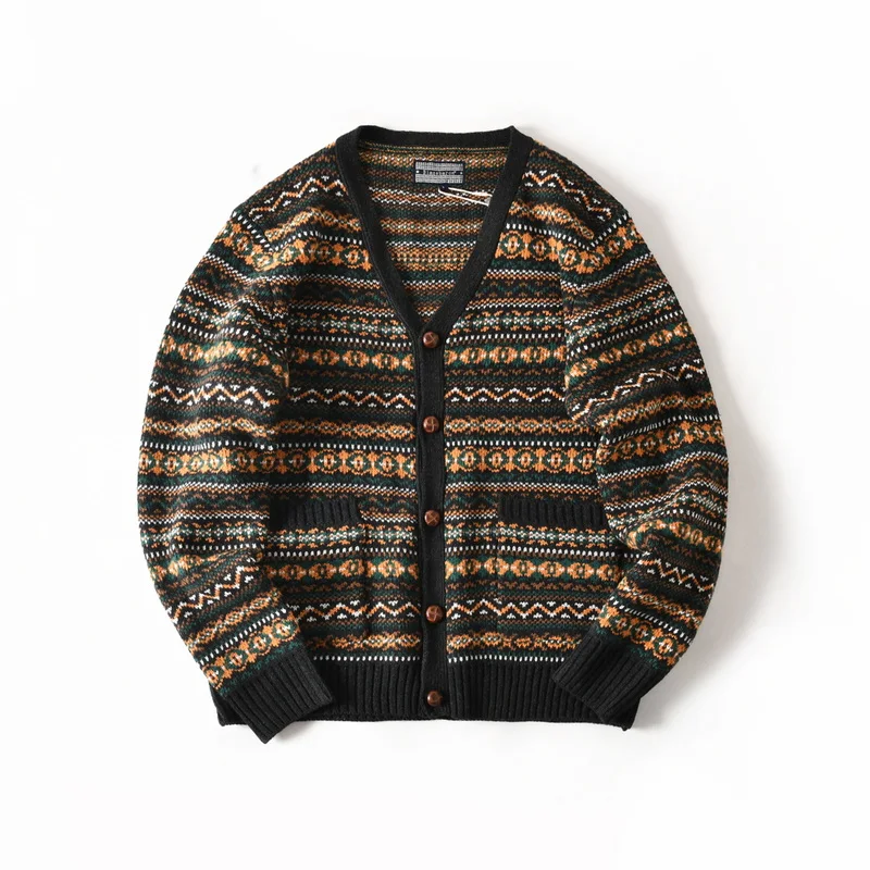 

Nordic Retro Fair Isle Ethnic Style Heavyweight Cotton-Wool Blend Chunky Knit Jacquard Cardigan Men's Autumn Winter Sweater Coat