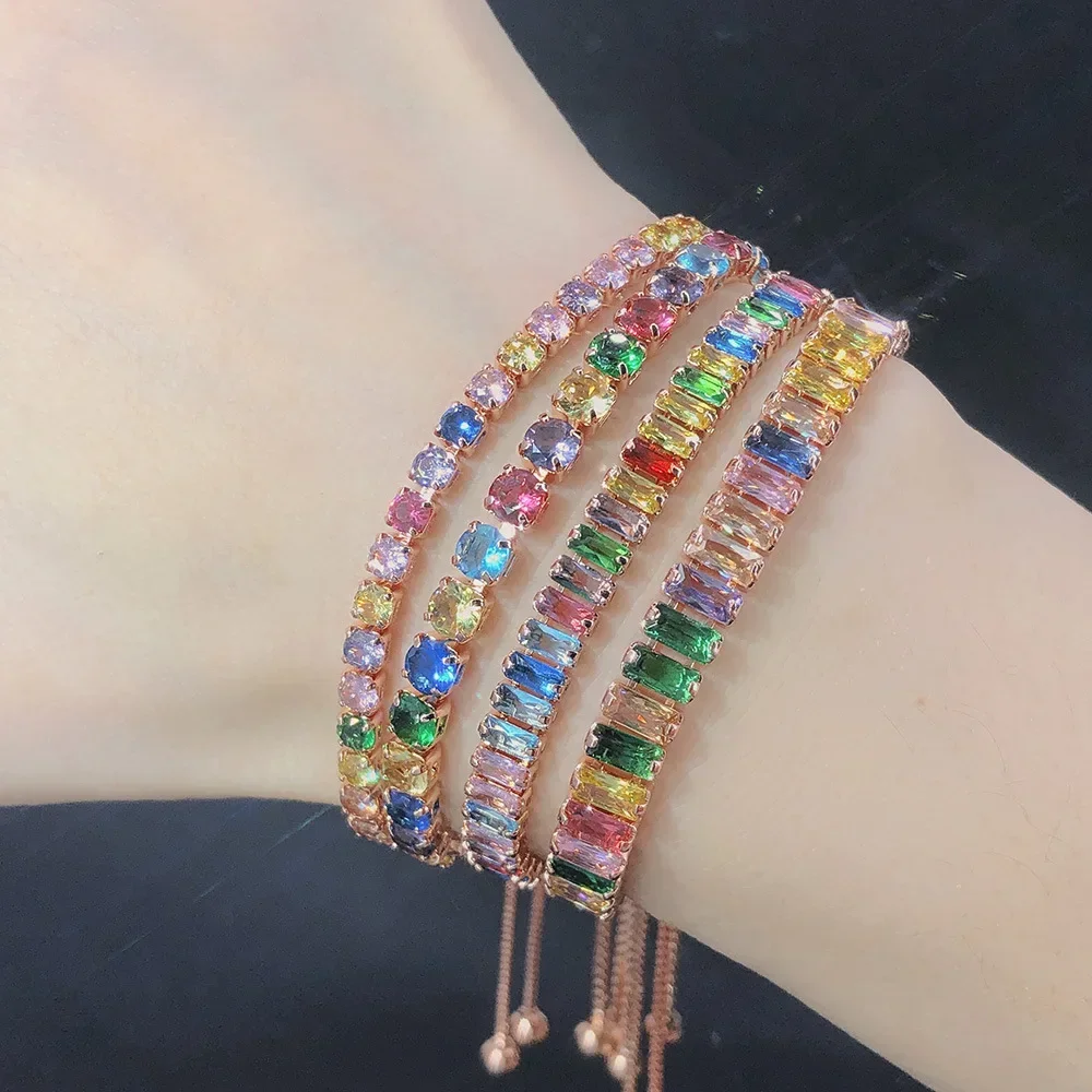 New Rainbow Crystal Tennis Bracelet Exquisite Shiny Adjustable Folding Bright Zircon Girl Accessories Fashion Jewelry Gifts