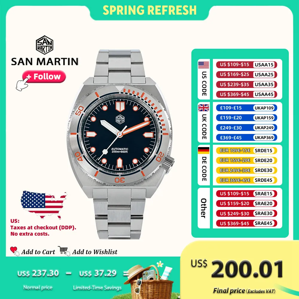 

San Martin Luxury 40mm Diving Watch for Men Bezel Sports Automatic Mechanical Watches Stainless Steel 20Bar Waterproof SN0067