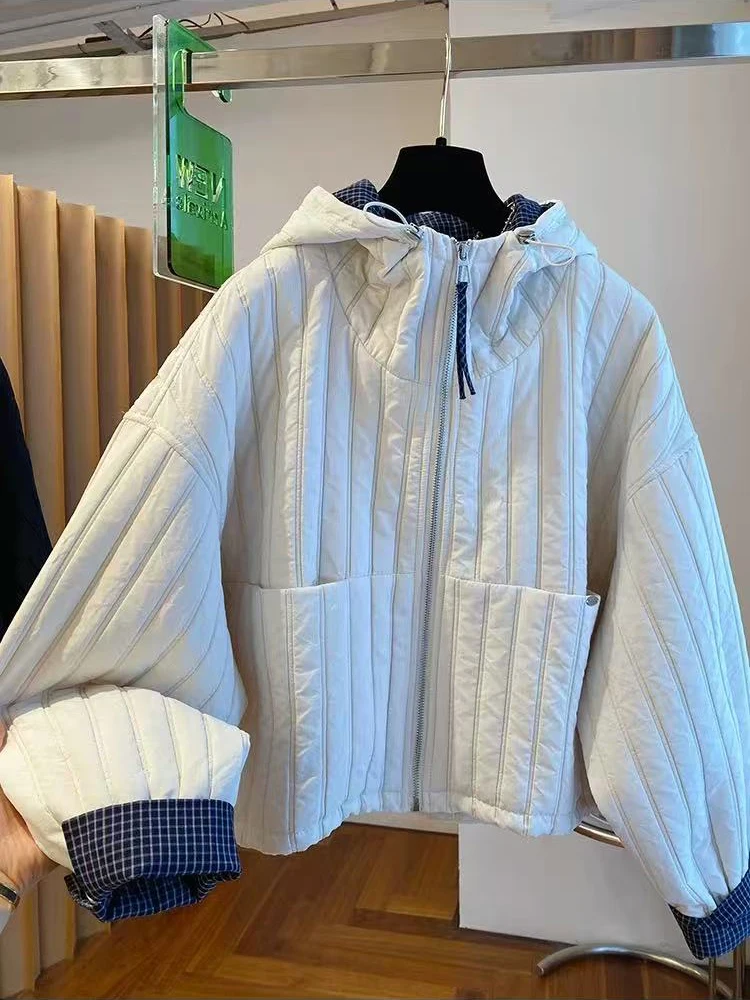 

Plaid Patchwork Thin Hooded Coat Women Y2k Autumn Warm Loose Casual Crop Korean Splicing Stripe Zipper Coats Mujer