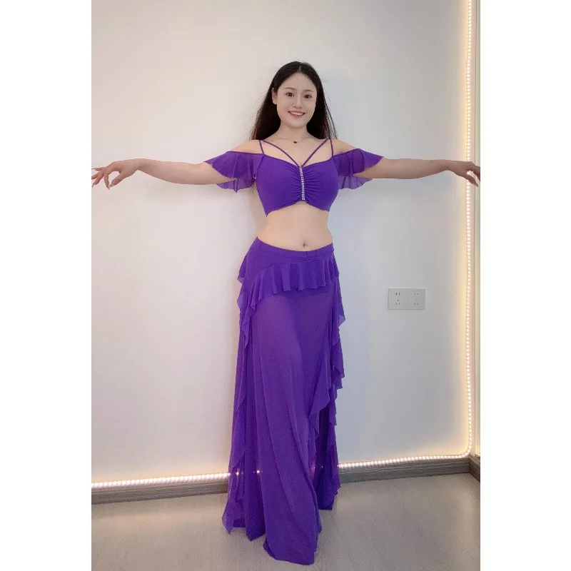 

Customized Belly Dance Practice Suit Set with Rhinestone Water Gauze Lace Long Skirt Team Performance Competition Costume Women
