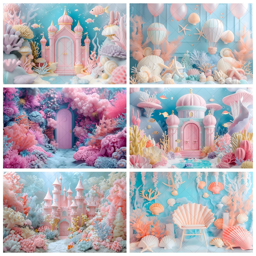 Pink Undersea Castle Photography Backdrop Custom Shells Seaweed Decor Kid Room Birthday Portrait  Background Poster Photo Studio