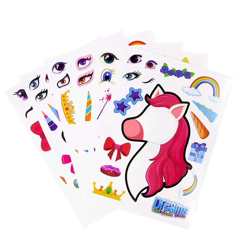 

12Sheets/Set Cartoon Unicorn DIY Puzzle Sticker Cute Unicorn Make A Face Assemble Stickers Girls Boys Gifts Kids Birthday Favors