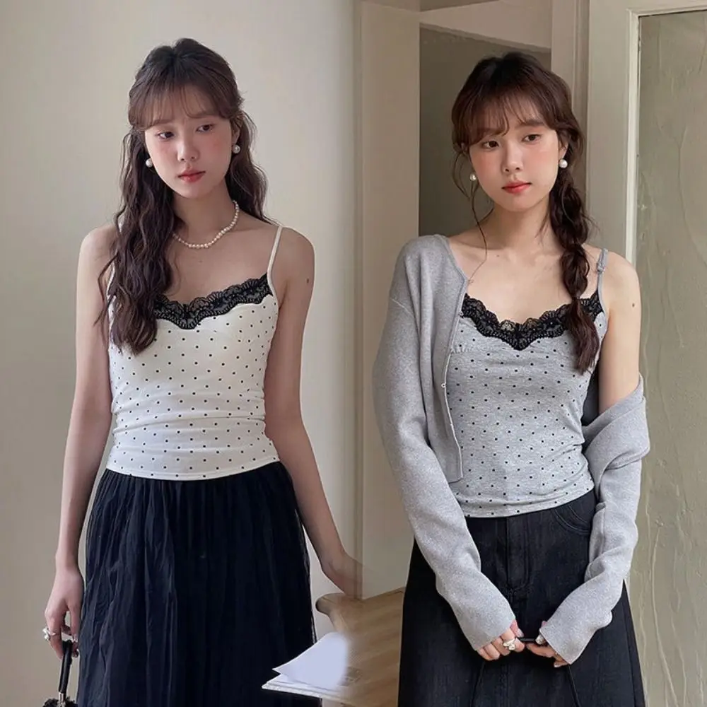 Chaleco de encaje con volantes y puntos, camiseta sin mangas, camisola con almohadillas, estilo picante para niña, Top corto ajustado sin mangas Y2K