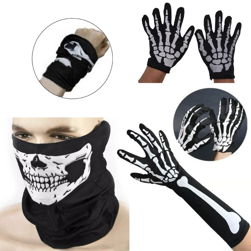 Halloween Skeleton Gloves Skull Face Mask Unisex Scary Gloves Cosplay Costume Party Decorations for Outdoor Drop Shipping