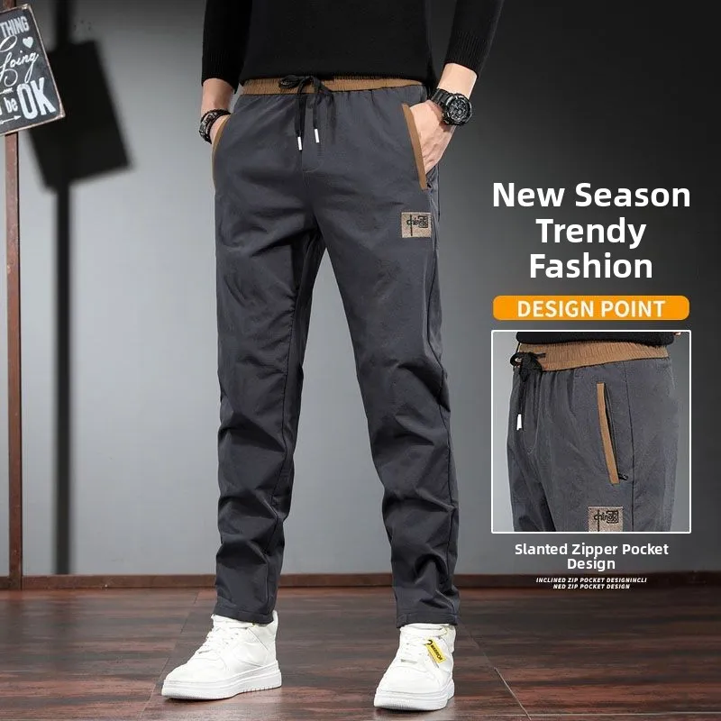 

Men's Casual Elastic Waist Pants Spring Autumn Zipper ket Loose Fit Thin Straight Leg Spor Trendy Korean Sle