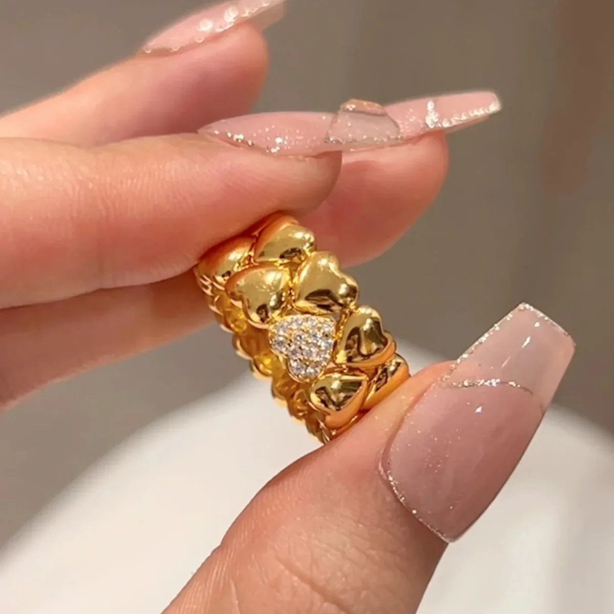

925 Sterling Silver 18k Gold Plated Diamond Heart Band Ring for Women Engagement Wedding Party Jewelry