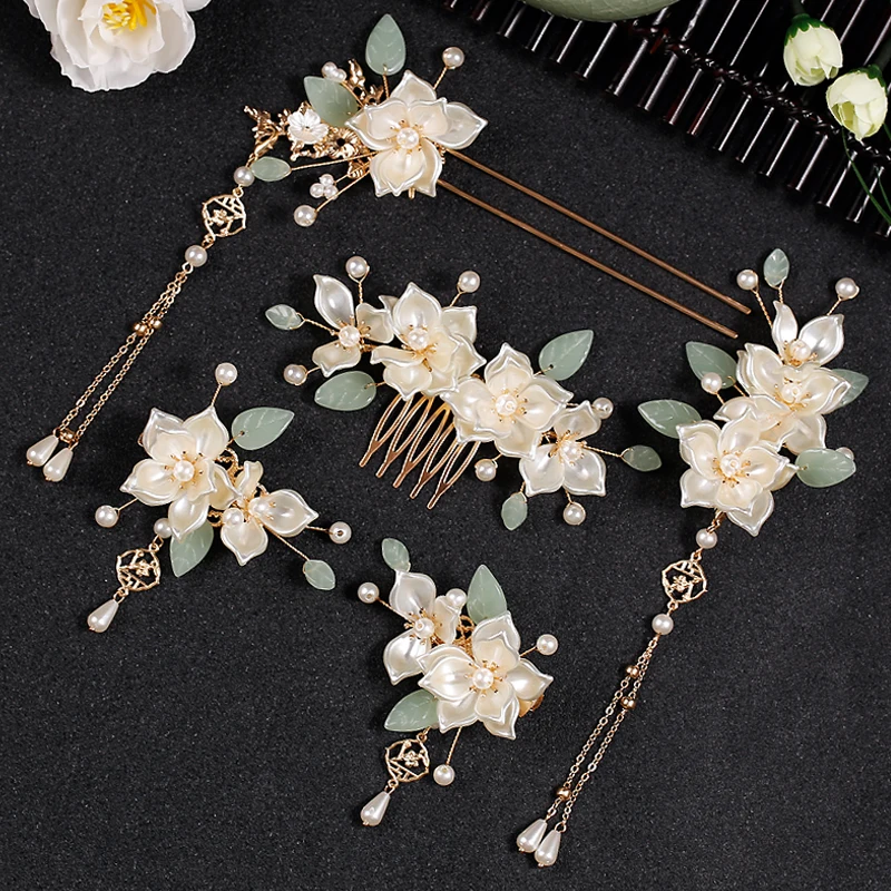 

Fairy Hairpin Chinese Hanfu Hair Accessories Women Floral Pearl U-shaped Hair Clip Retro Cosplay Headpiece Fringe Jewelry Sets