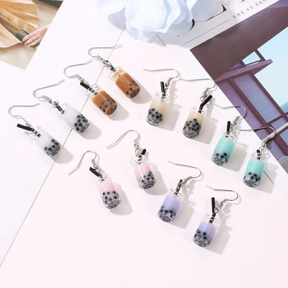 Funny Lemon Ice Black Tea Pearl Milk Tea Earrings Taiwan Boba Bubble Tea Funny Dangle Earrings for Women ,Pink