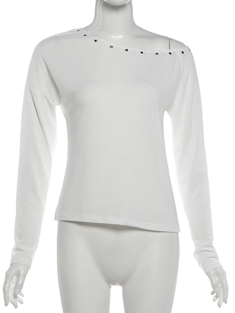 Weird Puss T-Shirts mit schrägem Kragen für Damen, schlicht, schulterfrei, langärmelig, modisch, klassisch, Herbst, lässig, vielseitig kombinierbar, Streetwear – Detail 3