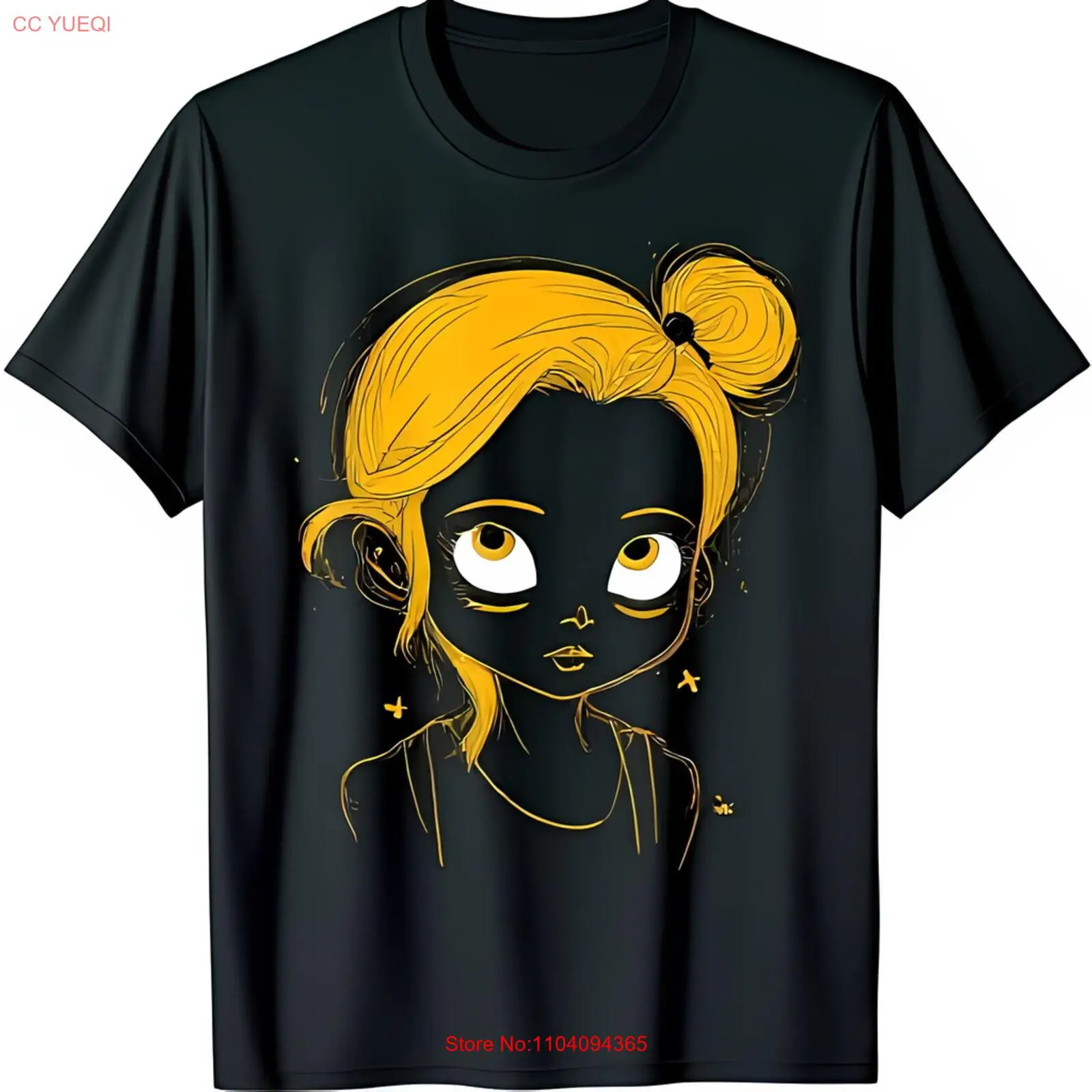 Playful Cartoon Girl with Yellow Hair & Stars Black T-Shirt for Fun Style