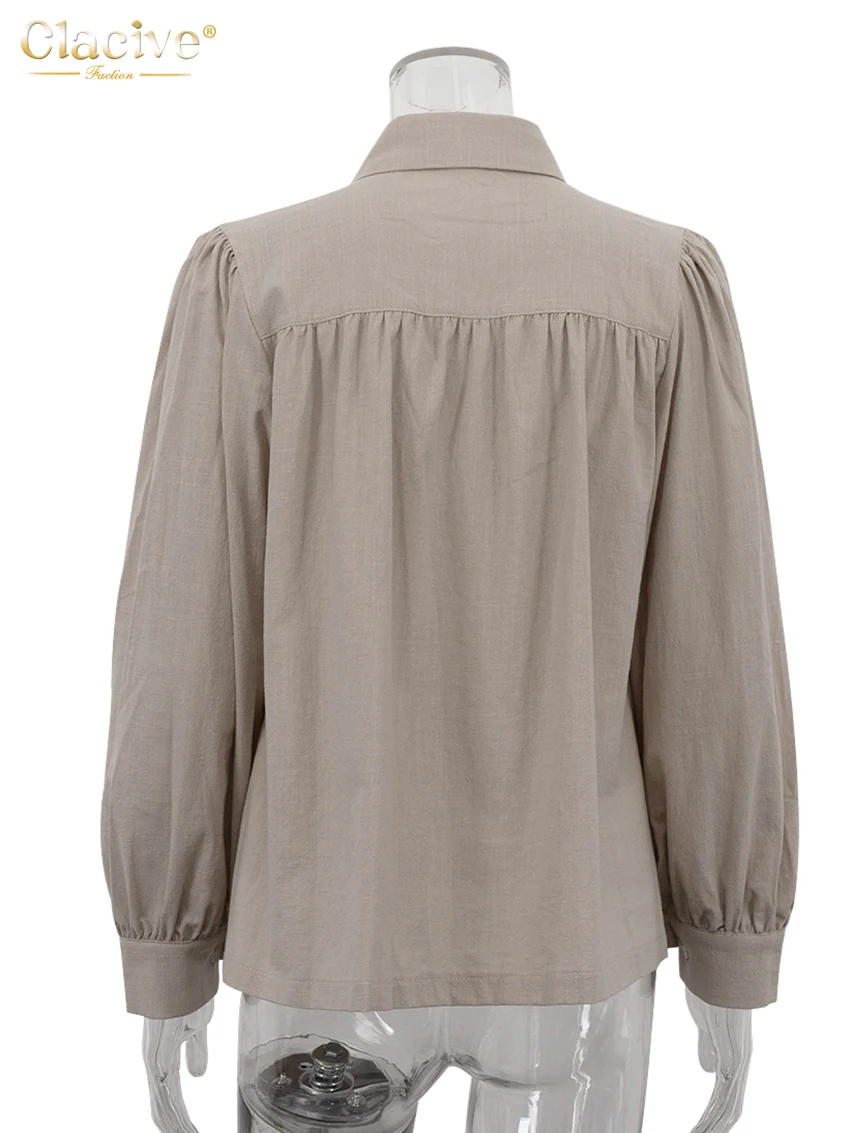 Clacive Fashion Loose Khaki Cotton Women's Blouse 2025 Casual Lapel Long Sleeve Shirt Elegant Classic Solid Tops Female Clothing