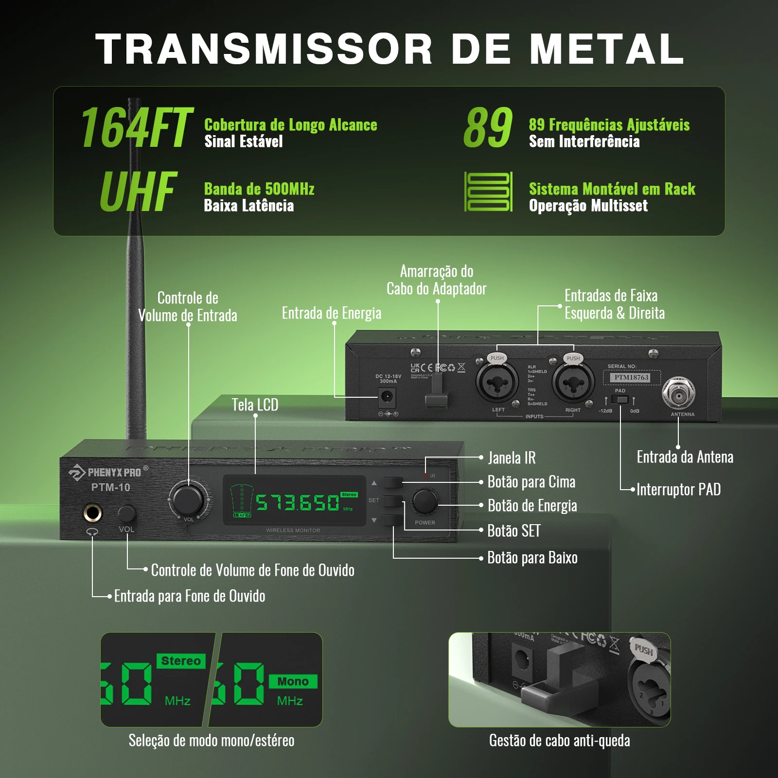 Epyx pro-sistema de controle sem fio ptm-10, estéreo, in-ear, palco, retorno, corpo, receptor, sistema iem, 900mhz/500mhz, banda de frequência