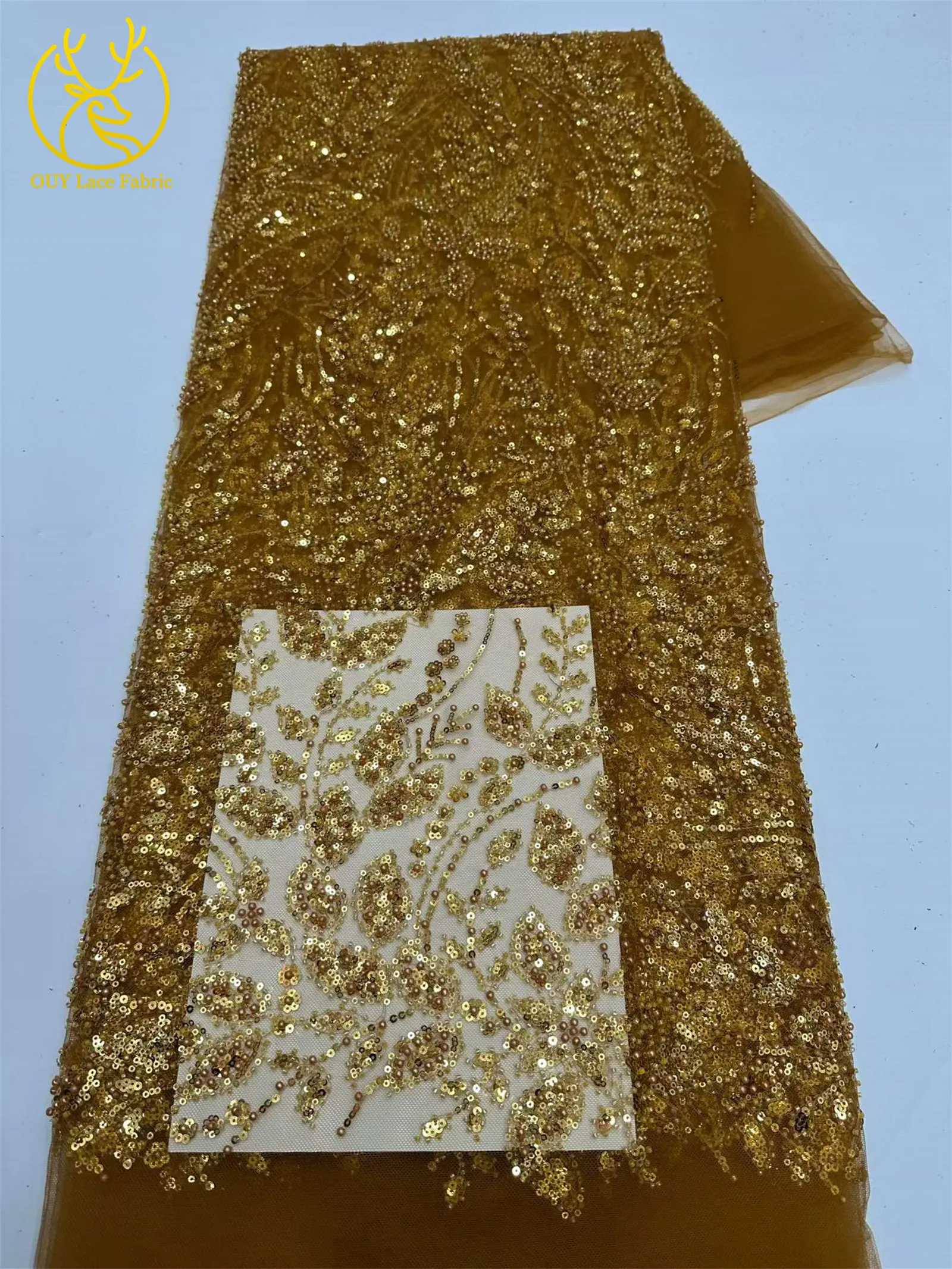 5 Yards grüner afrikanischer Spitzenstoff, hochwertige französische Pailletten, Perlenstickerei, Tüllspitze für nigerianische Frauen, Abendkleid – Detail 11