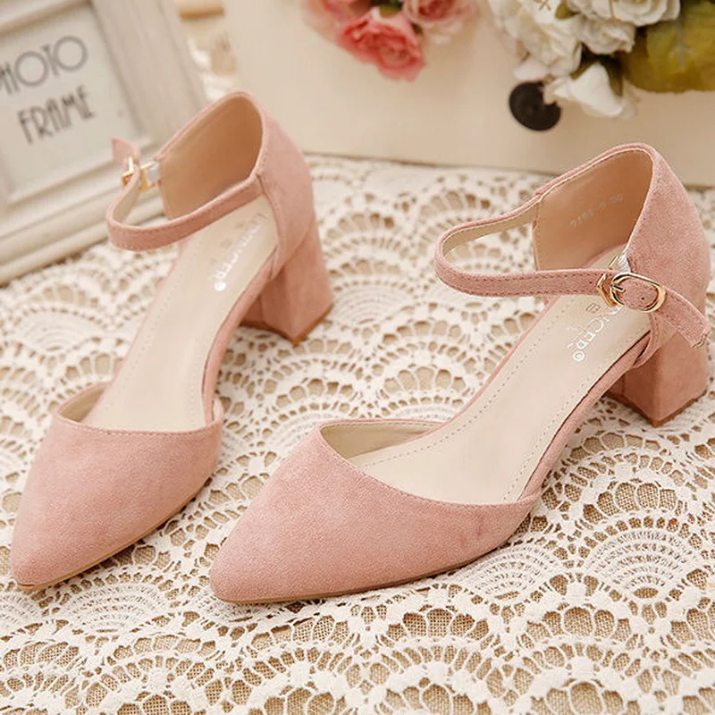 FHC 2024 New Women Pumps,Flock High Heels,Side Shallow Out Shoes,Ankle Buckle Strap,Pointed Toe,Pink,Black,Beige,Dropship