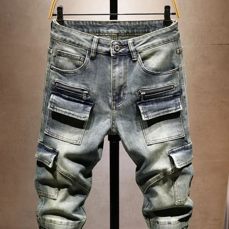 Y2K Italian autumn fashion men's jeans washed with retro pockets decorated with retro elastic slim fit retro light blue jeans It