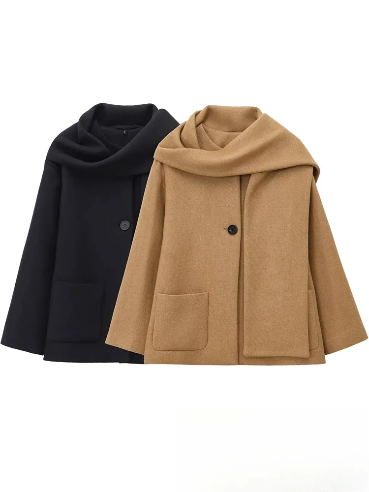 

KONDALA винтажные повседневные шикарные женские куртки однотонный шарф с круглым вырезом пальто с длинными рукавами новая мода 2025 осенне-зимняя куртка верхняя одежда