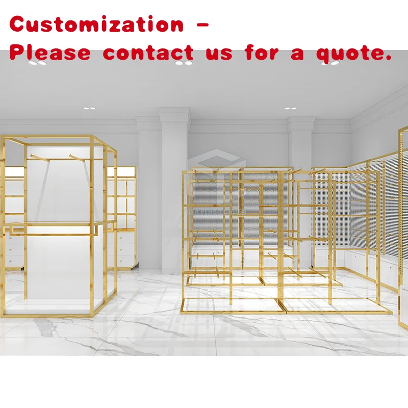 

Изготовленная на заказ вешалка для одежды из нержавеющей стали на заказ, золотая современная розничная одежда, магазин, дизайн, женская одежда, витрины