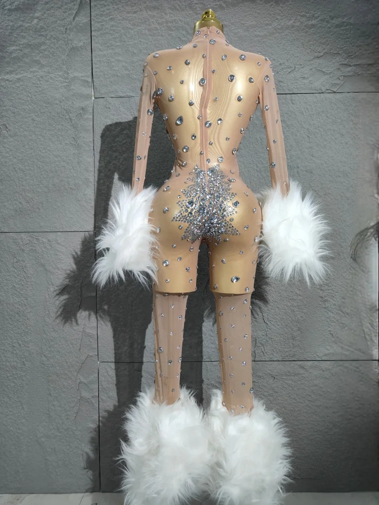 Sexy maglia di diamanti lucidi vedere attraverso tuta aderente da donna sexy manica lunga performance cantante costume discoteca vestito di scena