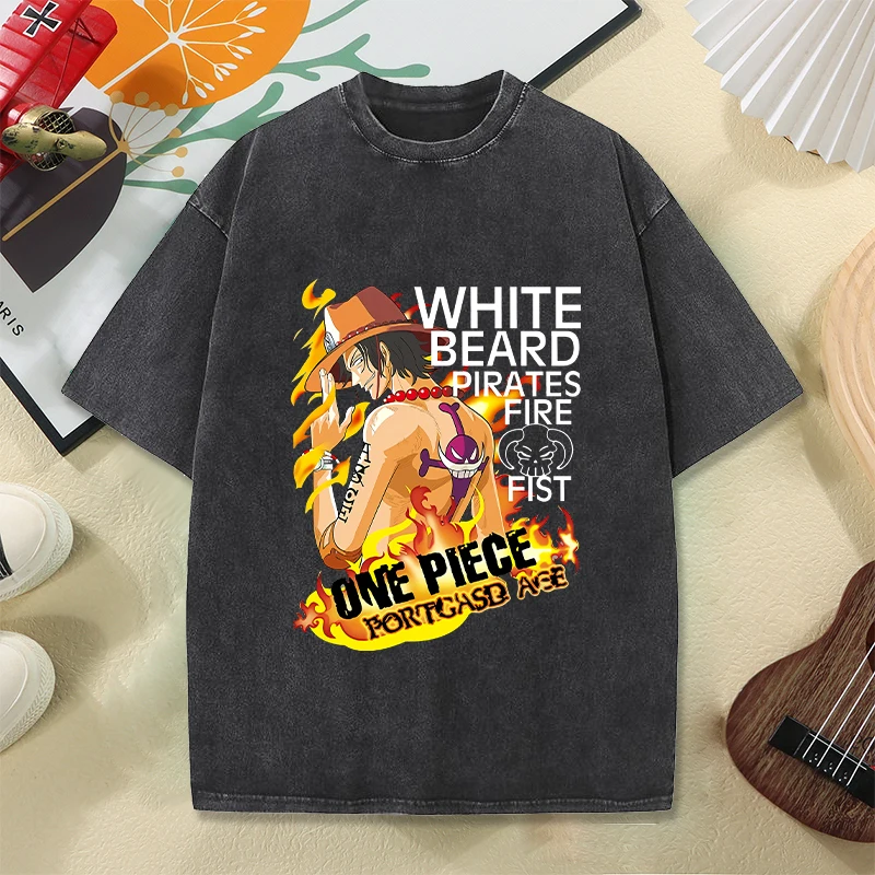

One Piece Washed Denim Fabric Adult T-shirt Fashion Hip Hop Mens Vintage Toddler Streetwear Cute Cartoon Loose Casual Boys Tops