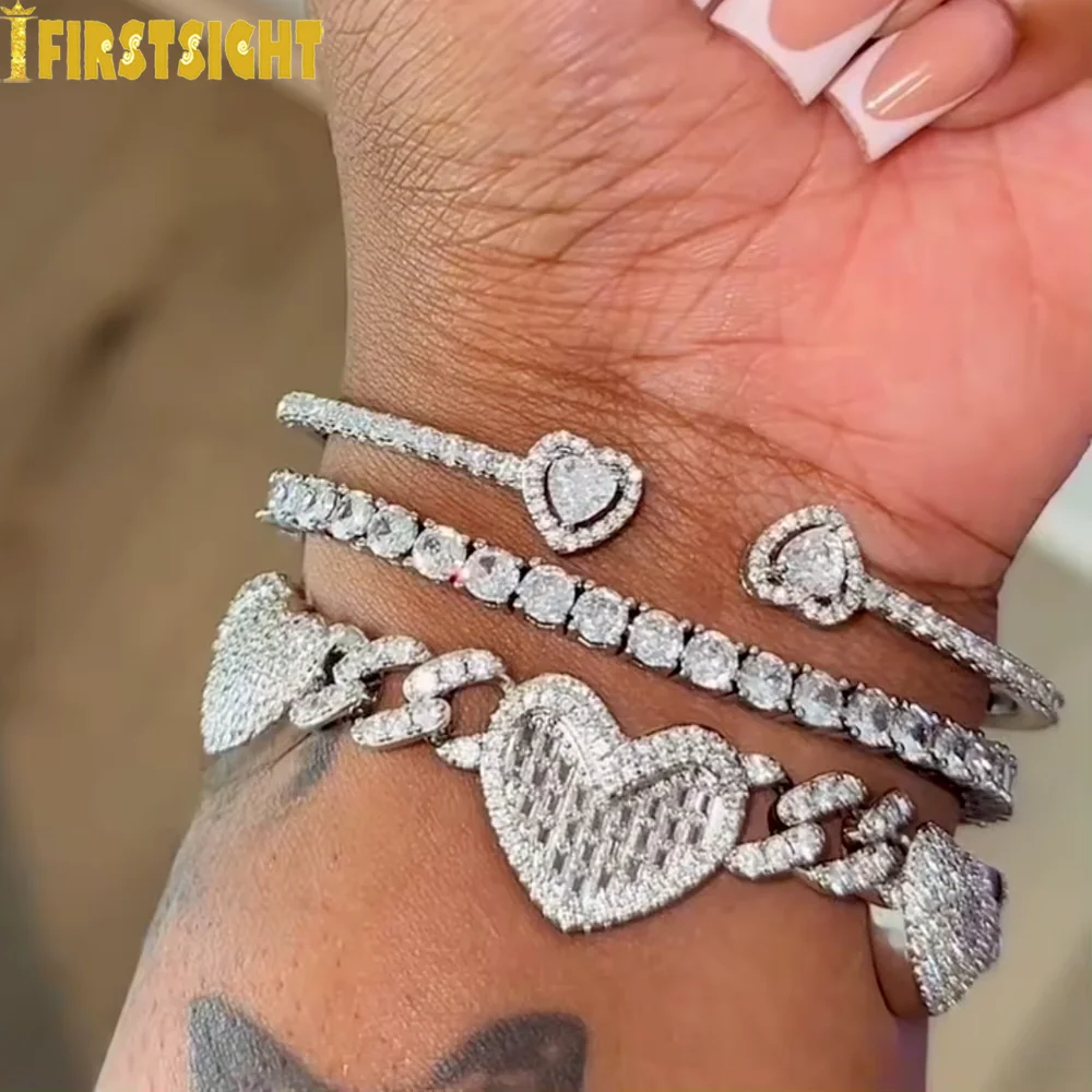 

New Opened Heart Charm Bracelet Iced Out Bling Gold Silver Color 3MM CZ Tennis Chain Bracelet For Women Luxury Jewelry