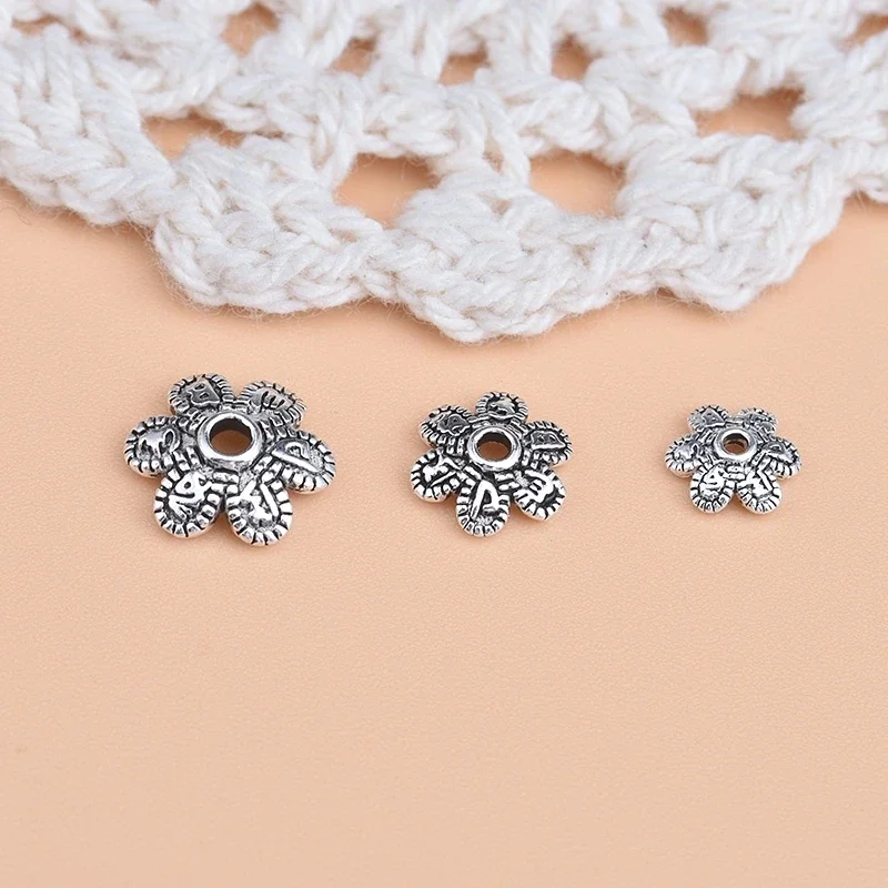 5pcs Handmade diy material accessories 925 sterling Silver Retro six-word Mantra Flower receptacle piece, beads bracelet access