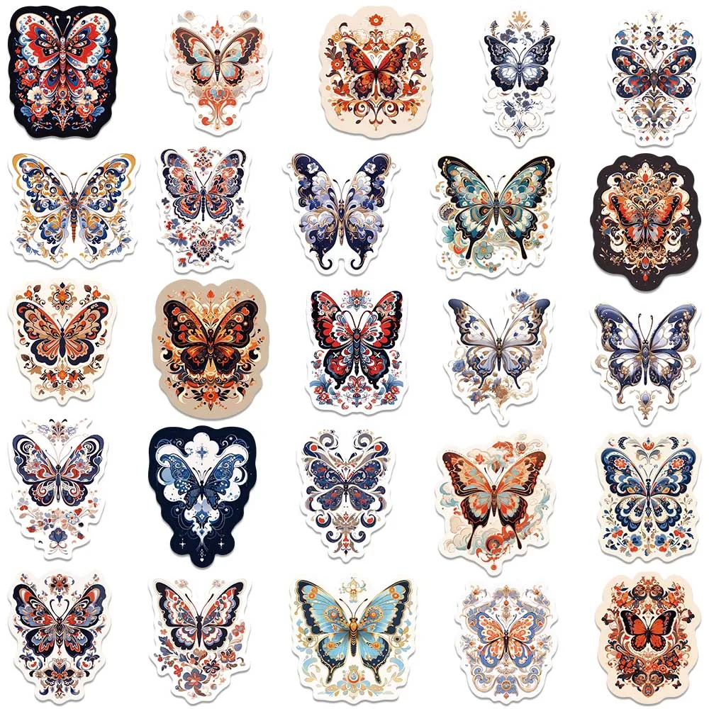 50pcs Vinyl Laptop Decals Retro Cartoon Butterfly Aesthetic Stickers For Luggage Water Bottle Notebook Phone Waterproof Graffiti