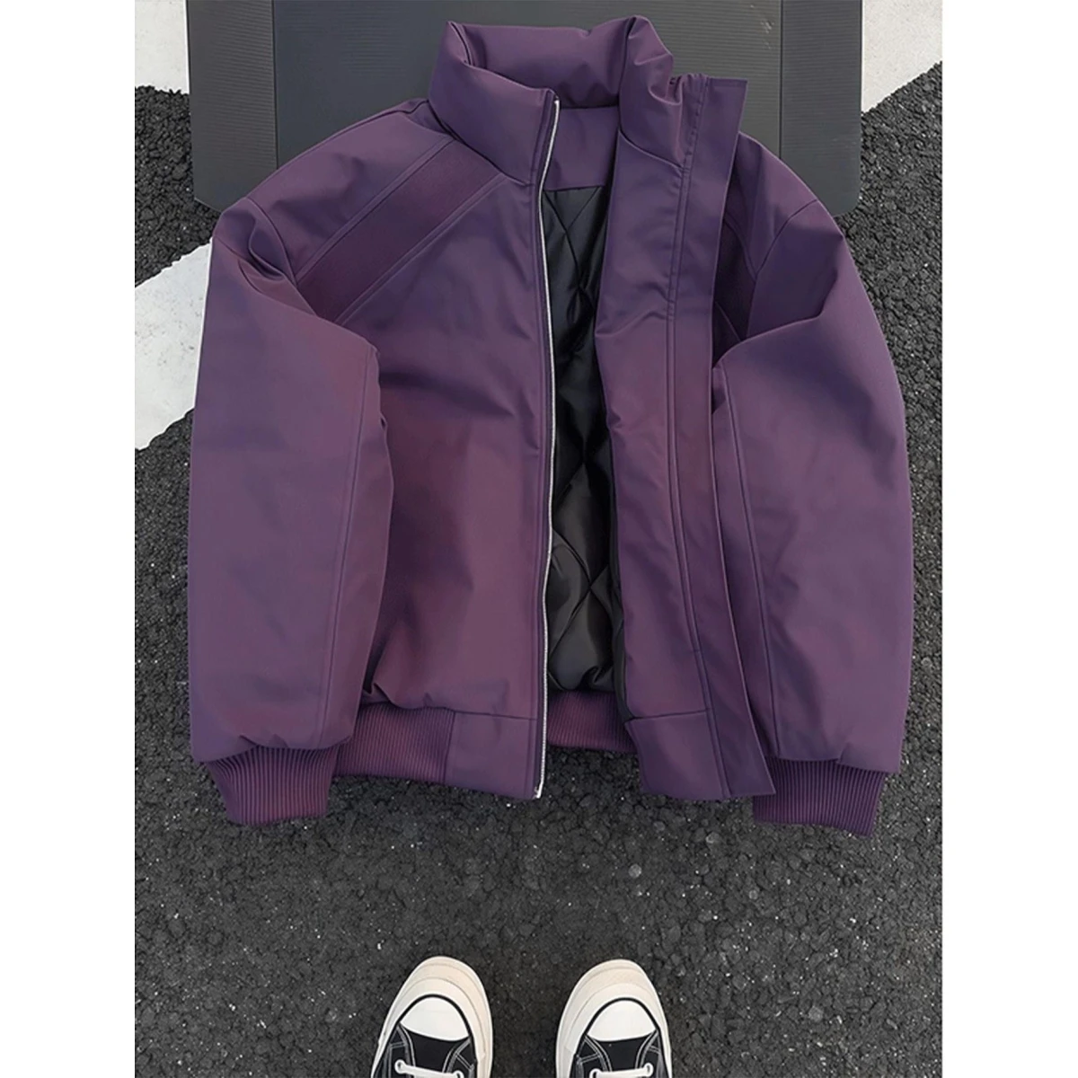 

Men's Baseball Sle Bomber Jaet Purple Plum Winter Cotton Flight Coat Faionable Loose Fit Long Sve Zipper Closure