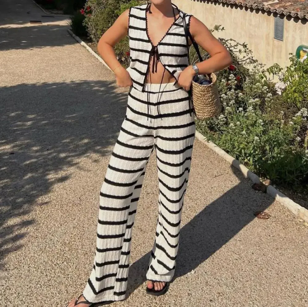 

Women Fashion Knitted Striped Waistcoat Pants Set V Neck Front Tie Sleeveless Vest Tank Tops Elastic Waist Trousers Streetwear