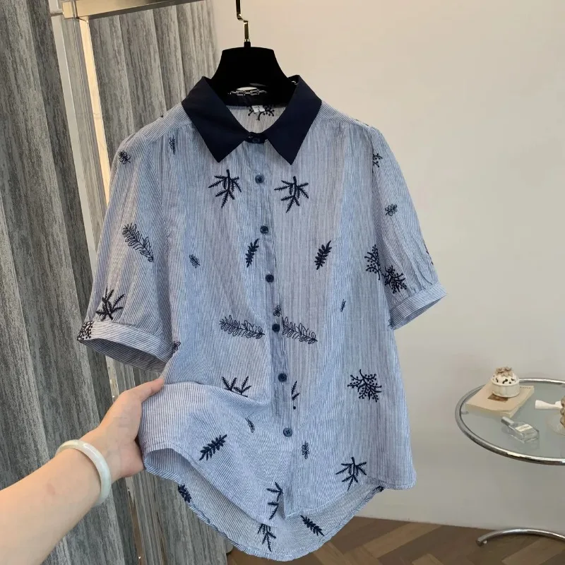 

Women's Striped Embroidered Cotton Blouse Casual Loose Top