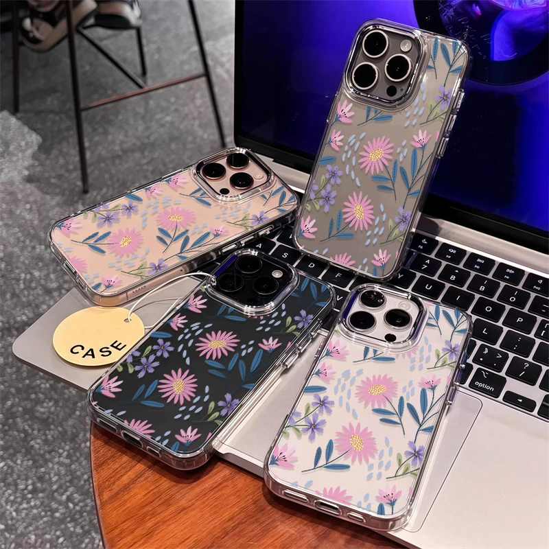 Custodia per telefono con motivo floreale per iPhone 17 Air 13 11 12 14 15 Pro Max 16e XR XS X 7 8 Plus Cover con cornice per obiettivo argento antiurto
