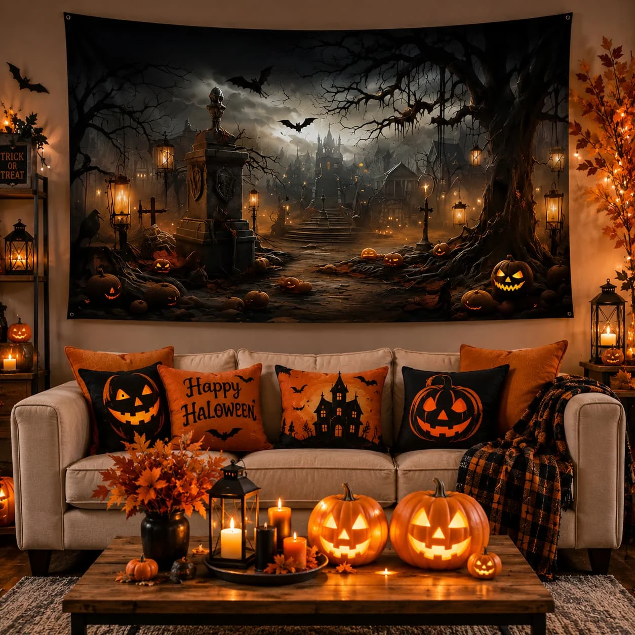 1pc 1pcs Suitable for Halloween Themed Photography Backdrop - Gothic Graveyard Castle with Tombstones & Castle, Spooky Party Decoration for /Outdoor Graveyard Scene Setup, Instant Haunted Ambiance for Photo Shoots, 2D Flat