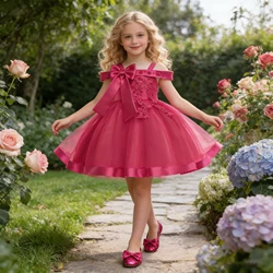 Summer Bow Flower Party Dresses for Girl Christmas Costumes One Shoulder Bridemaid Birthday Princess Dress Wedding Kids Clothing