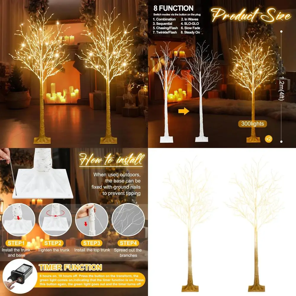 

LED Birch Tree with 300 Warm White Lights, 8 Modes, Indoor/Outdoor, Perfect for Christmas, Thanksgiving, and Holiday Decorations