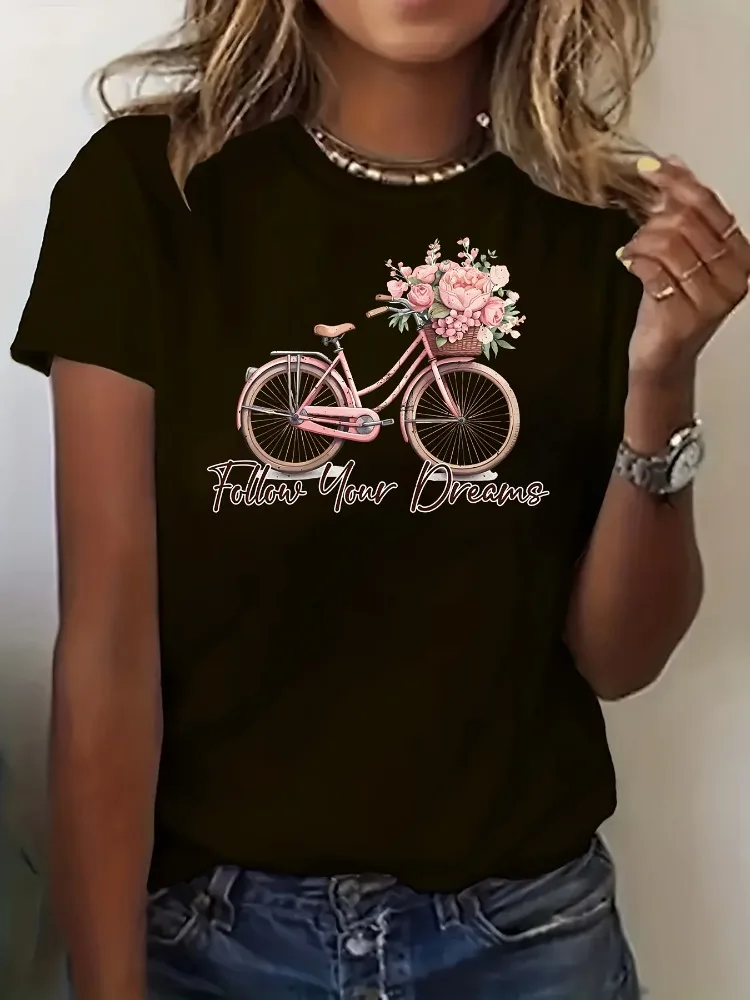 Pink Bicycle Women's Short Sleeve T-Shirt Flower Basket Spring Summer and Fall Trendy Printed T-Shirt Your Best Choice