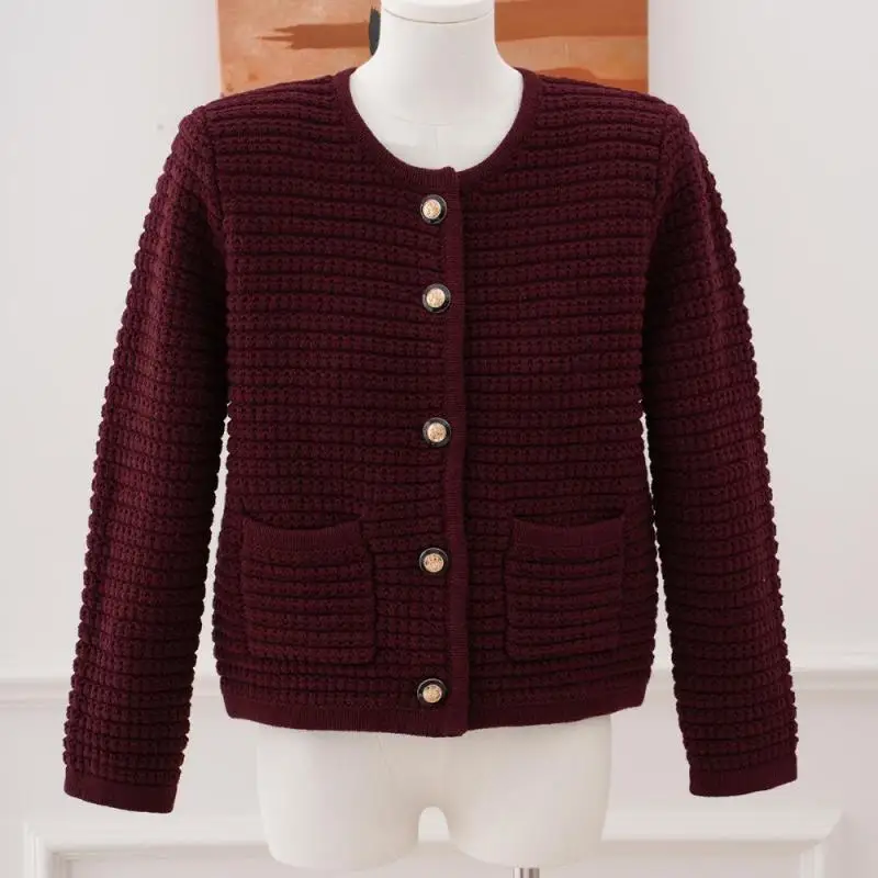 Burgundy Red Color Vintage Knitted O-Neck Cardigan Coat Single Breasted Shoulder Pads Slim Sweater Jacket 2024 Autumn Winter New