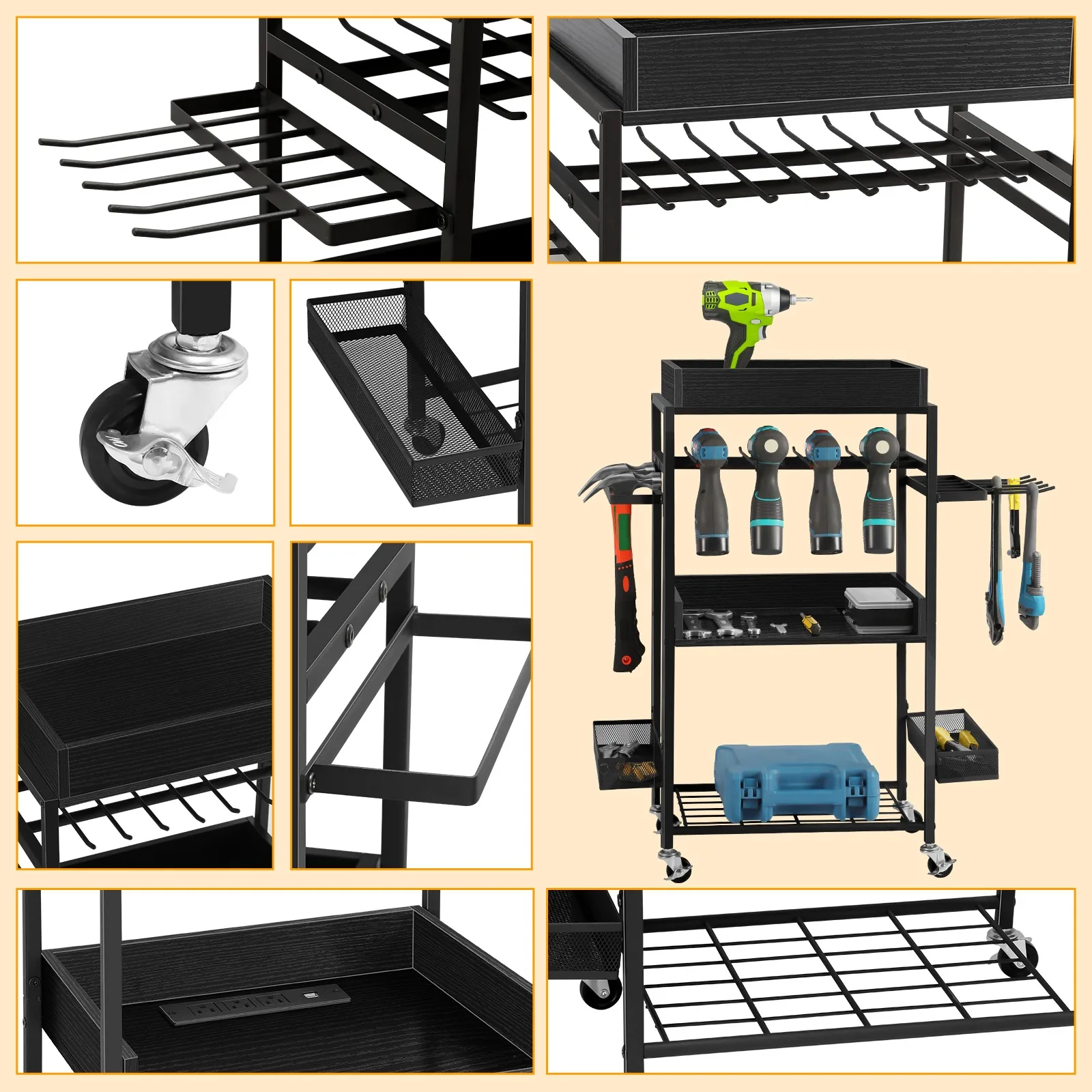 Electric tool storage cart, garage with 4 drill racks, equipped with charging station, practical cart with wheels