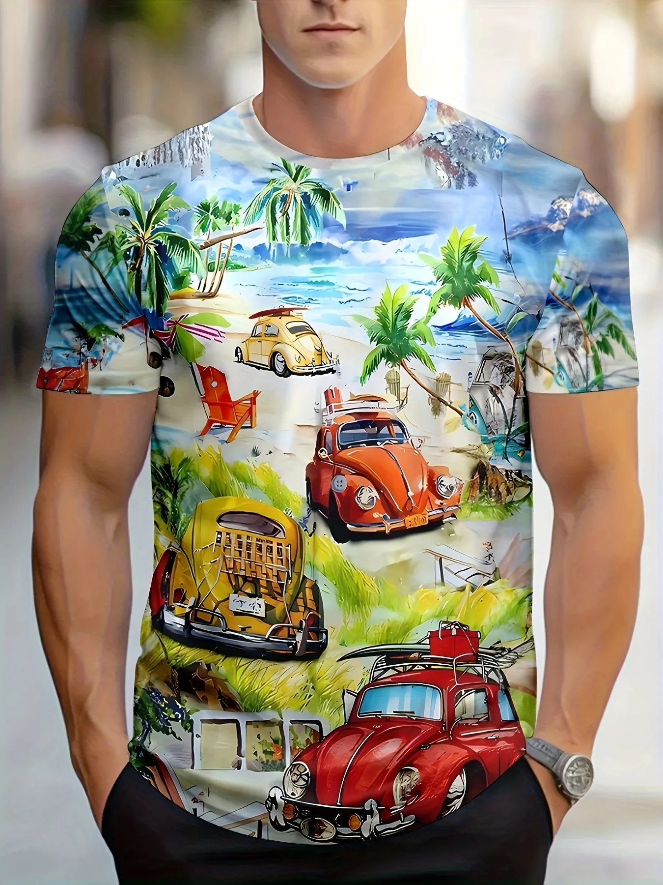Men's Beach Vintage Beetle Car Print T-Shirt Casual O-Neck Short Sleeve Tropical Summer Graphic Tee Tops