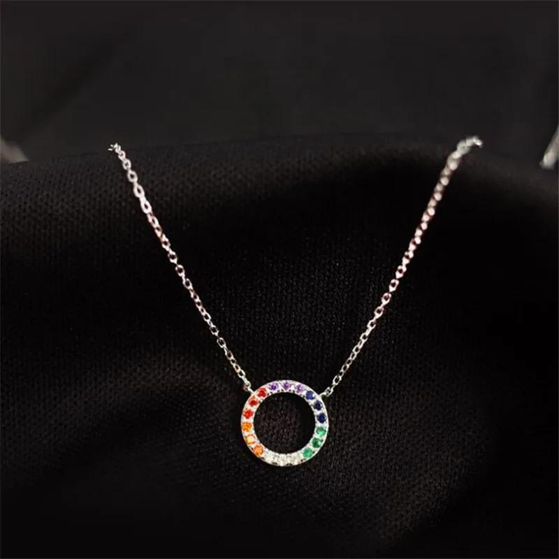 

New Exquisite Creative Rainbow Circle Candy Color 925 Sterling Silver Jewelry Round Crystal Clavicle Chain Necklaces XL184