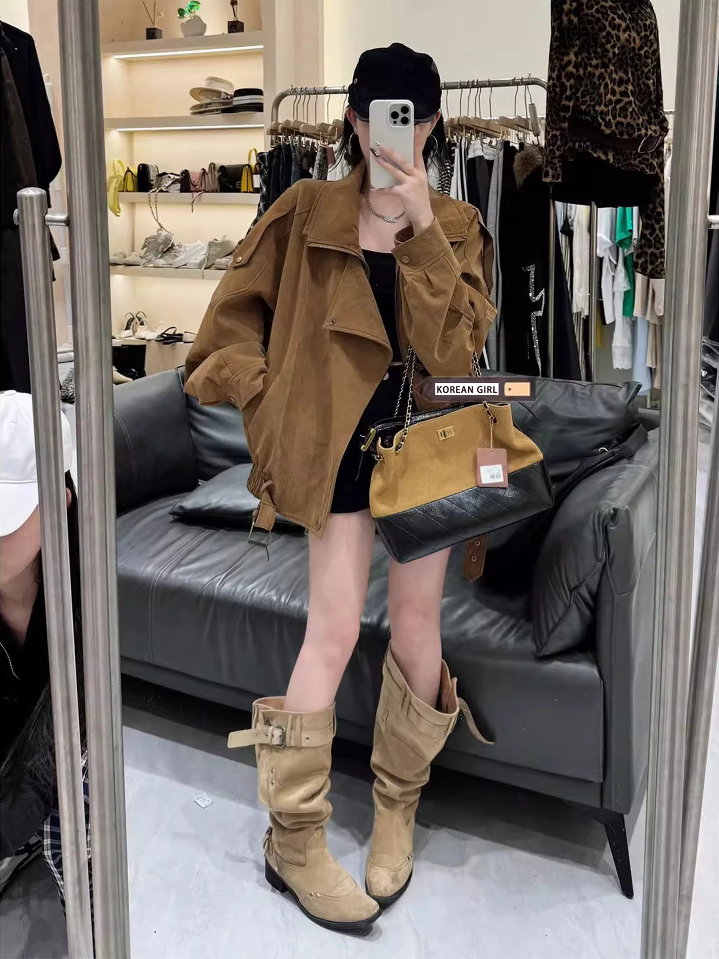 

Ранняя осень, нерегулярный замшевый топ, женский повседневный возрастной топ, коричневый, асимметричный, с длинным воротником-молнией