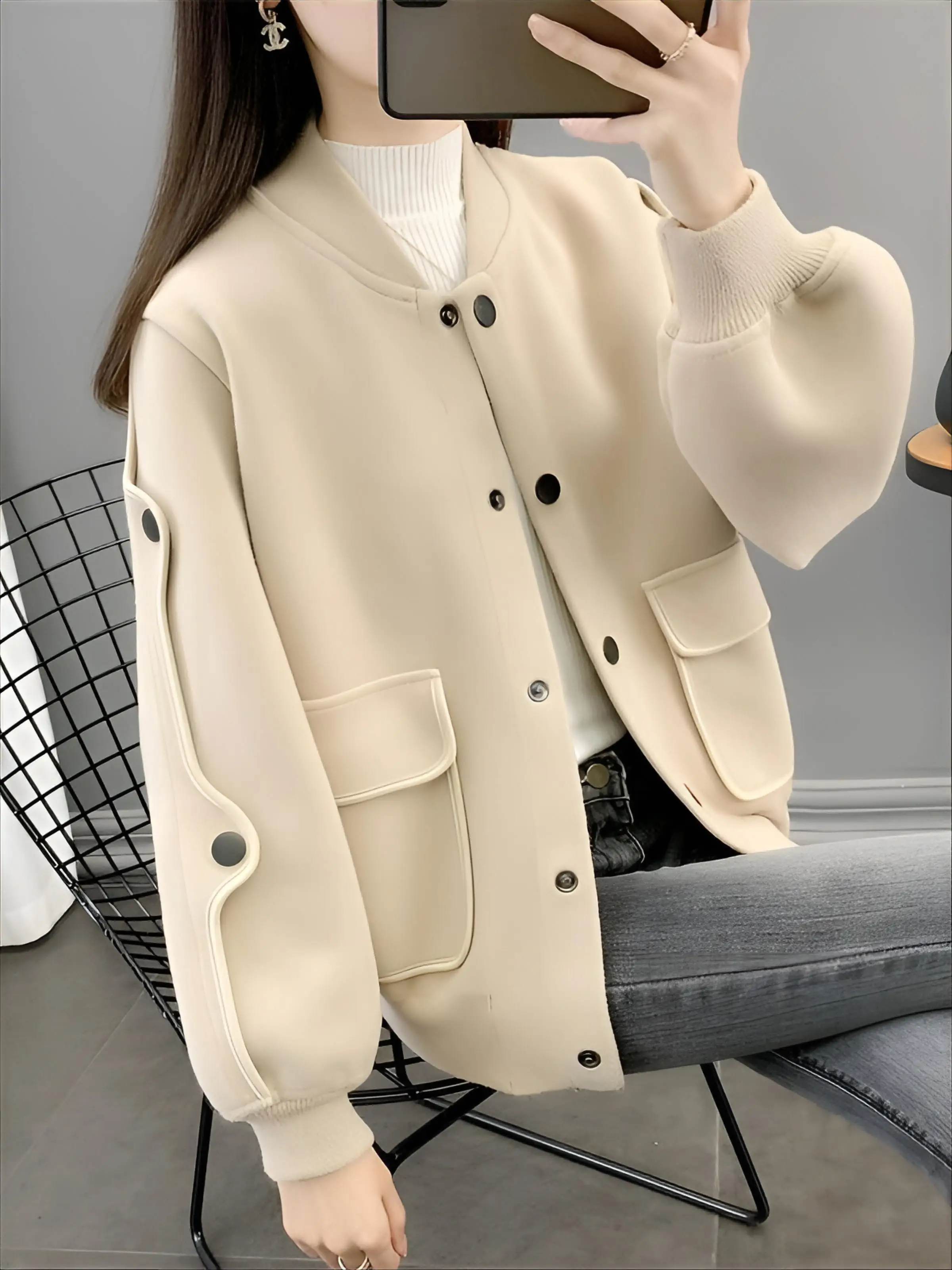 

Женская фиолетовая весенняя укороченная куртка-бомбер в стиле стимпанк с отложным воротником, из твила, с эффектом шерсти, оверсайз, с вырезами и узором «рыбья кость»