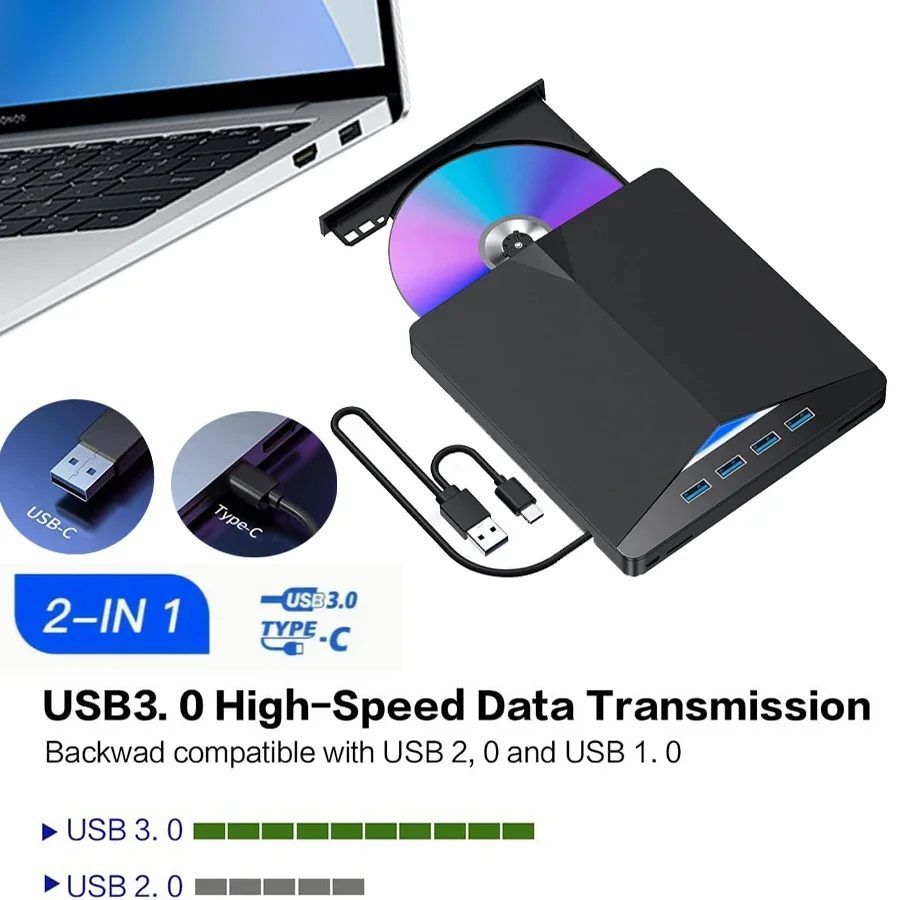 

7-in-1 Ultra-Slim External CD DVD Drive USB 3.0 Portable Burner Writer for Laptop Compatible with Desktop Windows 7/8/10