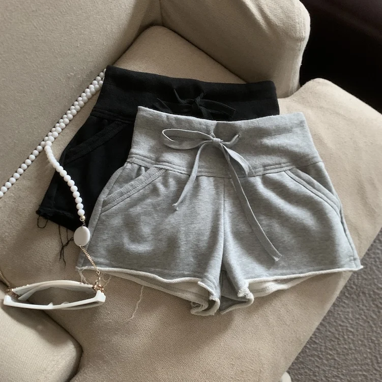

Women's Summer Casual Drawstring Waist Knitted Shorts Lady Solid Color High Waist Short Pants