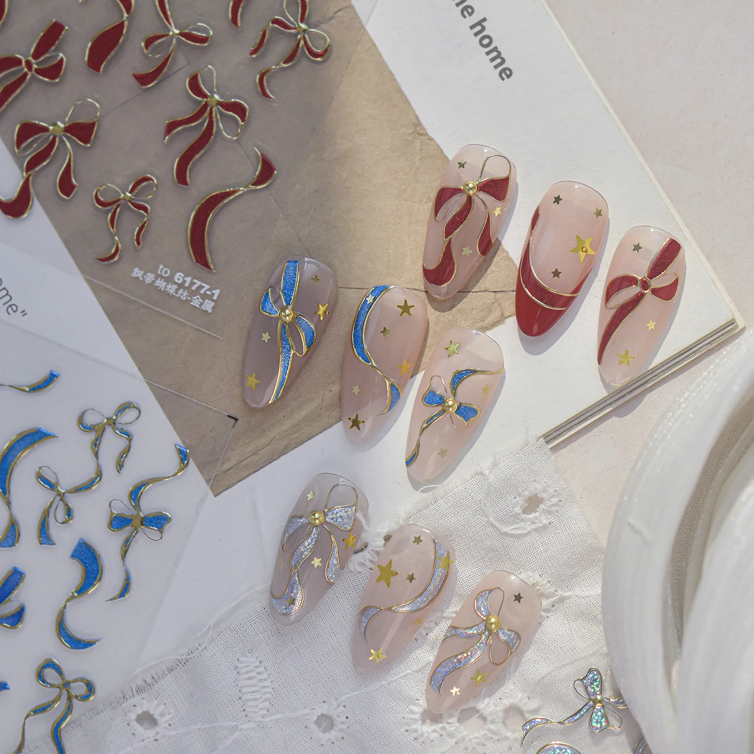 Exquisite Gold Bows Ribbon 5D Nail Stickers Red Blue Bow Design Nails Accessories Self-adhesive Nail Decoration Accessories DIY