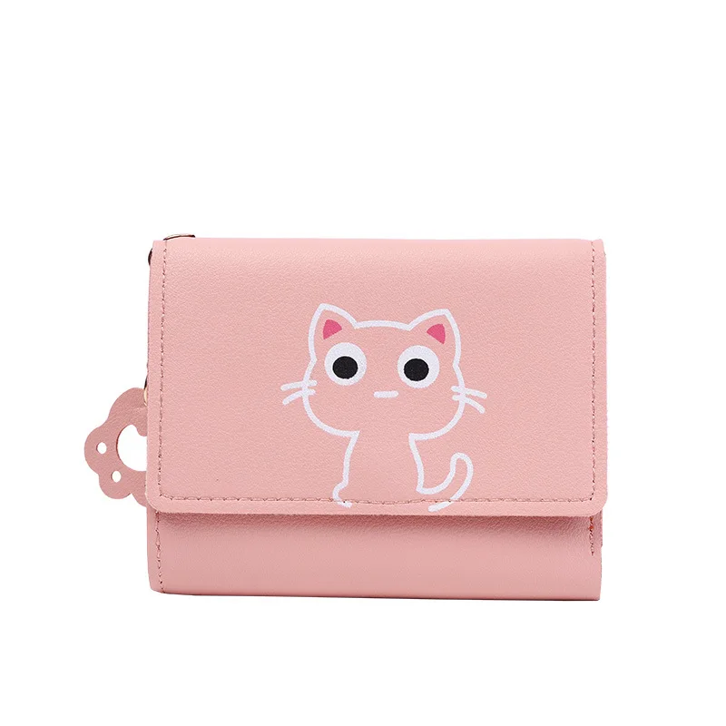 Cartera corta de gato bonito para mujer, monedero de cuero para niñas, tarjetero