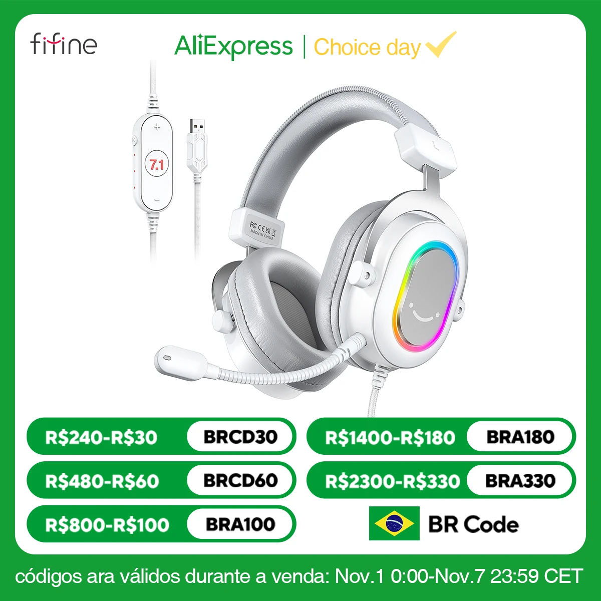 FIFINE RGB 게임용 헤드셋, 7.1 서라운드 사운드, 3-EQ/MIC, 오버 이어 헤드폰, PC PS4 PS5 Ampligame-H6W 인라인 제어 